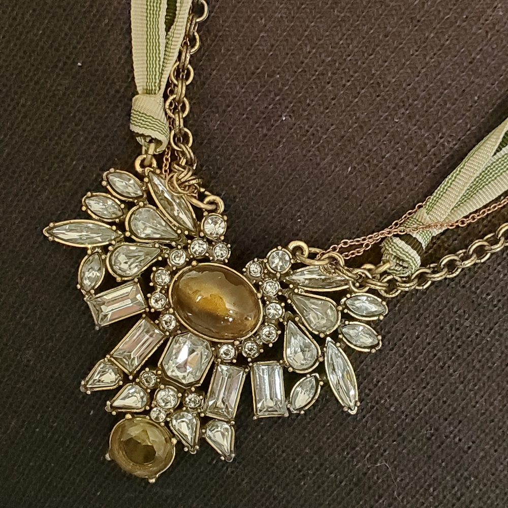 The Loft chain, ribbon and rhinestones statement necklace brown, green